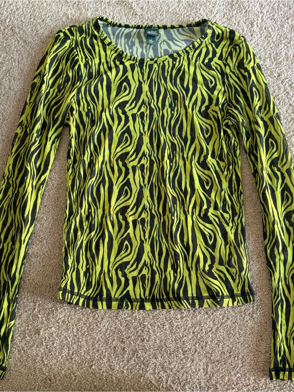 wild fable Neon Yellow and Black Zebra-Print Mesh Long Sleeve Top